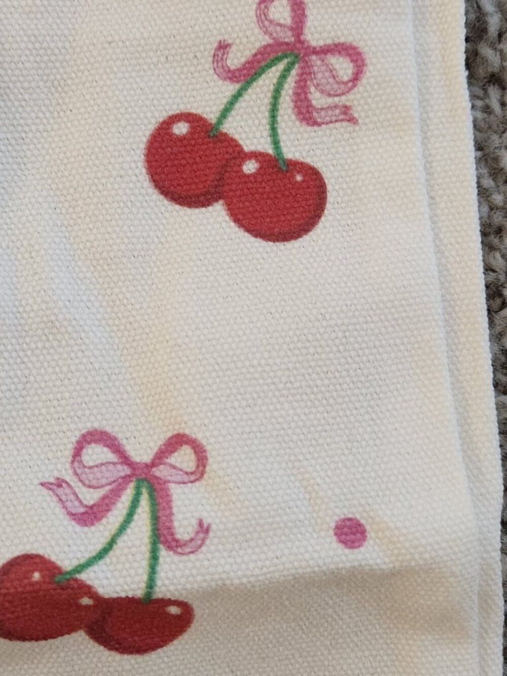 Cherry and Bows Canvas Tote, Pink Handles 13" x 15" - Picture 2 of 5